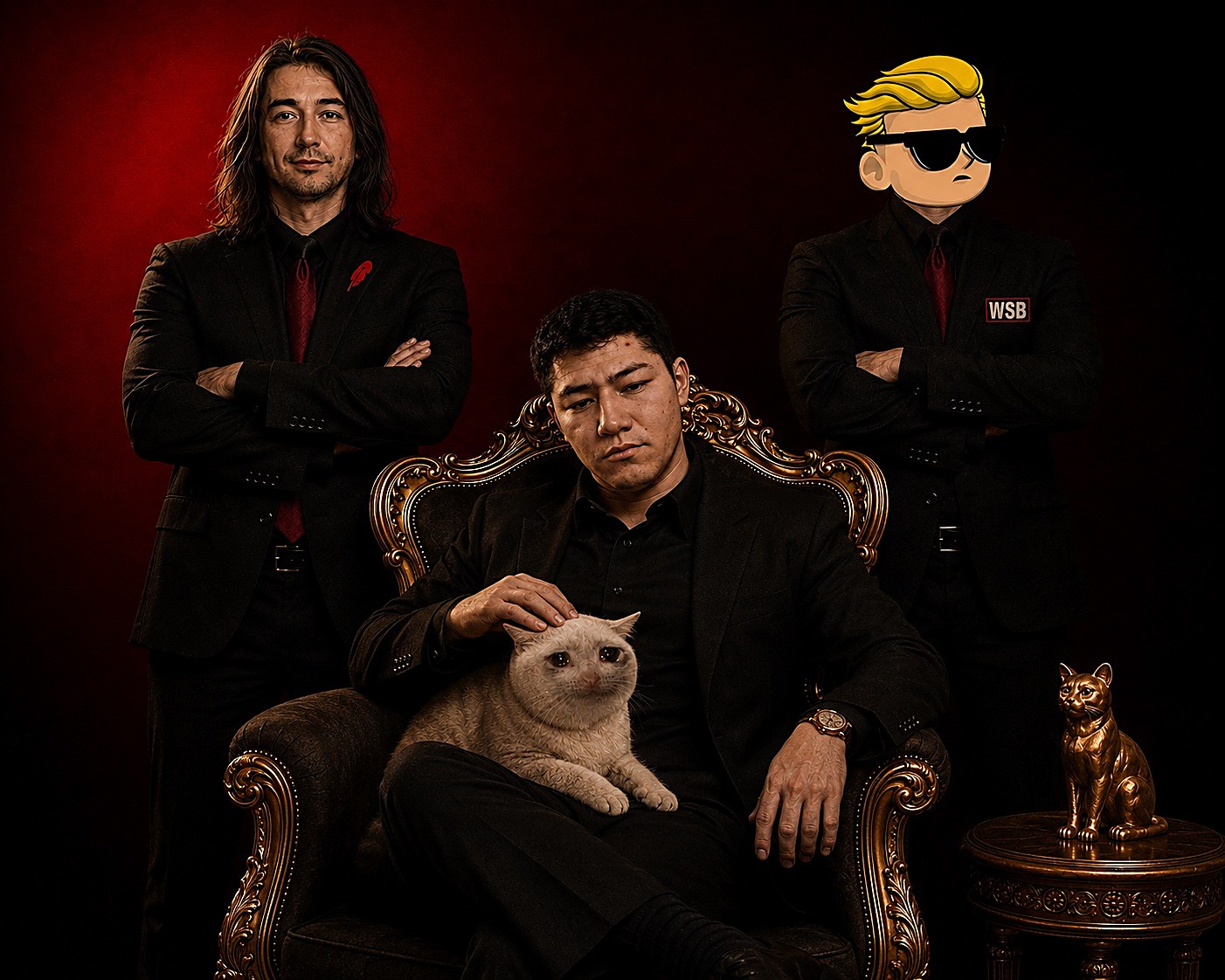 Group portrait: the GUH guy seated centre on a gilded throne in a black suit with a cream-coloured cat resting in his lap, flanked by two standing figures in black suits with arms folded, a small gold cat statue on a side table beside them.